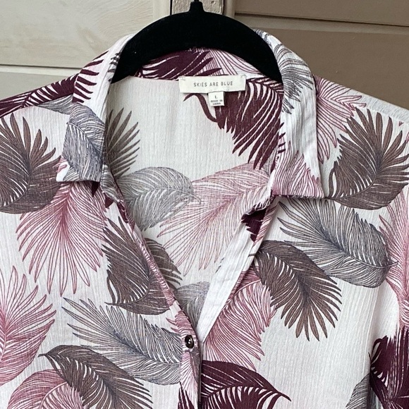 Skies Are Blue Tropical Palm Bat Wing Collared Ruffled Tie Top Size Large - Picture 6 of 14